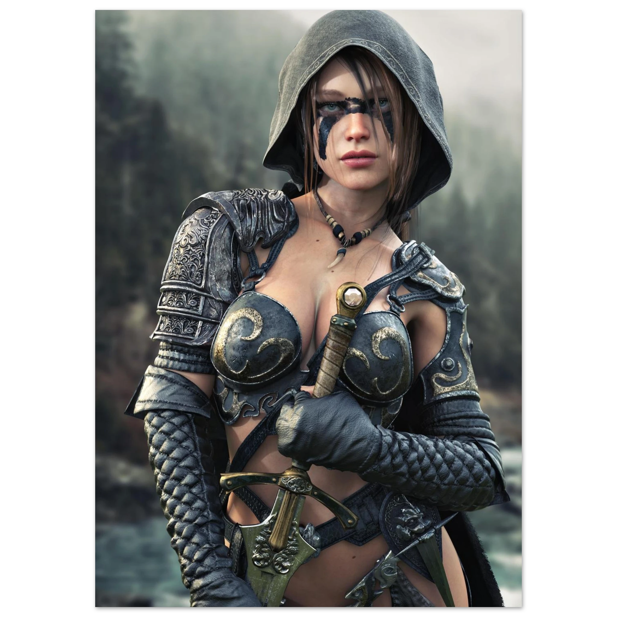 Handcrafted fantasy artwork featuring a hooded female ranger wearing engraved medieval armor and black war paint while holding an ornate sword against a misty forest backdrop. A cinematic fantasy portrait perfect for collectors, gamers, RPG enthusiasts, and fantasy wall décor