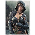 Handcrafted fantasy artwork featuring a hooded female ranger wearing engraved medieval armor and black war paint while holding an ornate sword against a misty forest backdrop. A cinematic fantasy portrait perfect for collectors, gamers, RPG enthusiasts, and fantasy wall décor