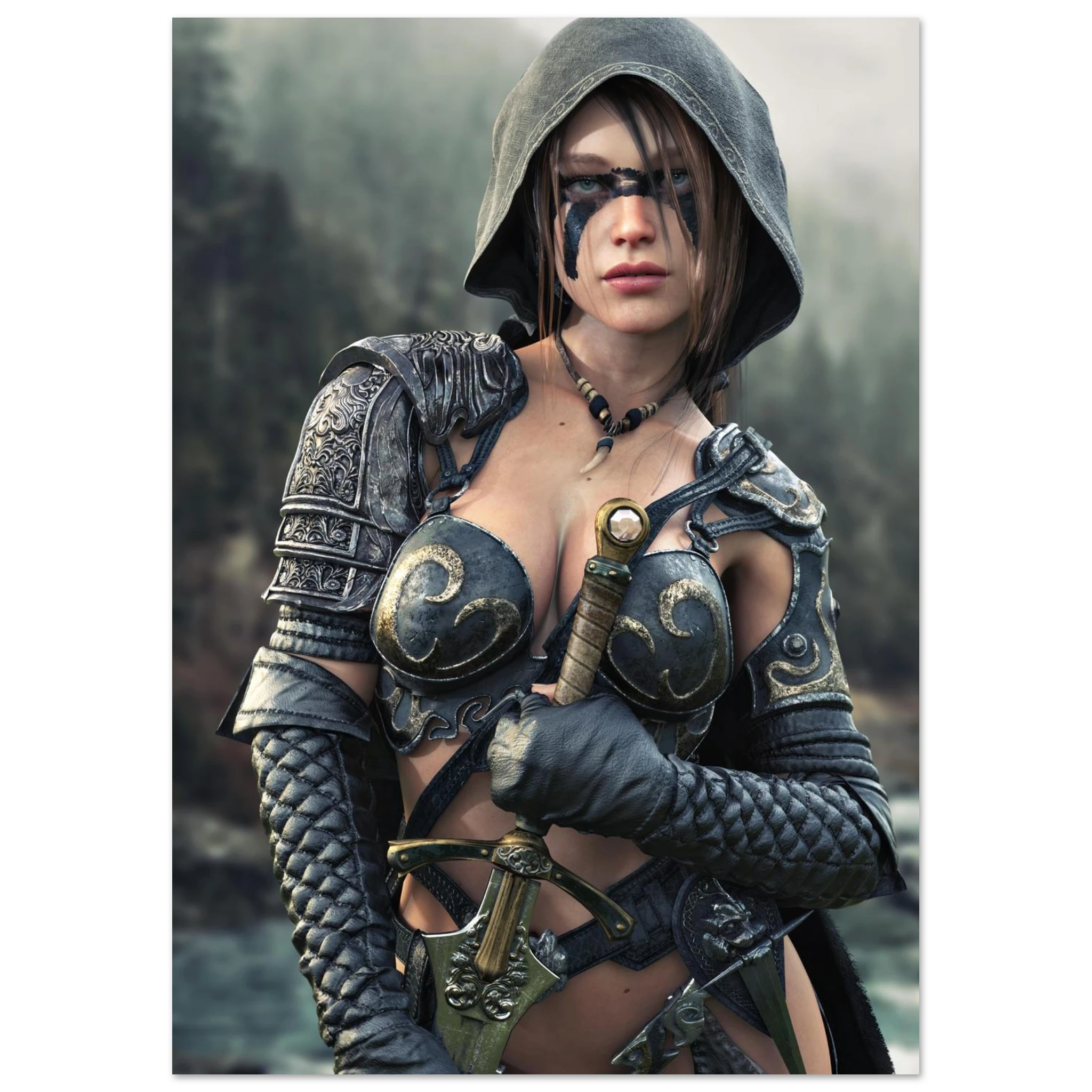 Handcrafted fantasy artwork featuring a hooded female ranger wearing engraved medieval armor and black war paint while holding an ornate sword against a misty forest backdrop. A cinematic fantasy portrait perfect for collectors, gamers, RPG enthusiasts, and fantasy wall décor