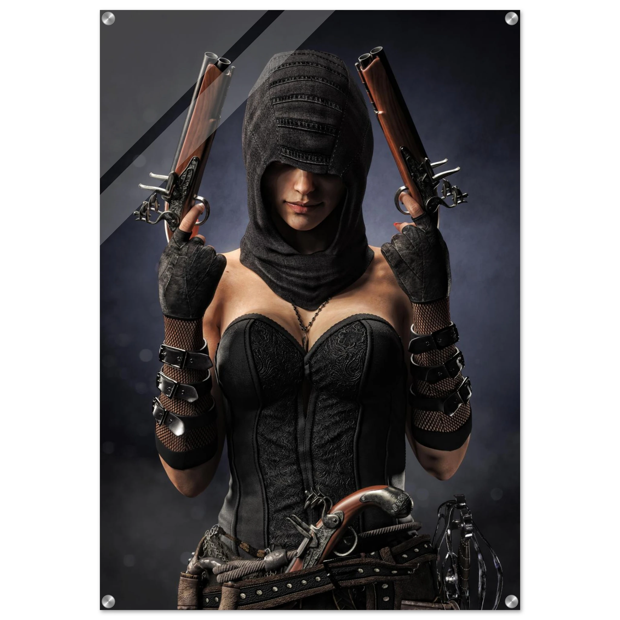 Handcrafted fantasy artwork featuring a hooded female pirate assassin holding twin flintlock pistols while wearing ornate black pirate attire and leather gear. Premium wall art for fantasy collectors, pirate enthusiasts, RPG players, gaming rooms, and nautical décor.