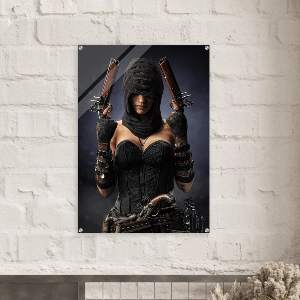 Handcrafted fantasy artwork featuring a hooded female pirate assassin holding twin flintlock pistols while wearing ornate black pirate attire and leather gear. Premium wall art for fantasy collectors, pirate enthusiasts, RPG players, gaming rooms, and nautical décor.