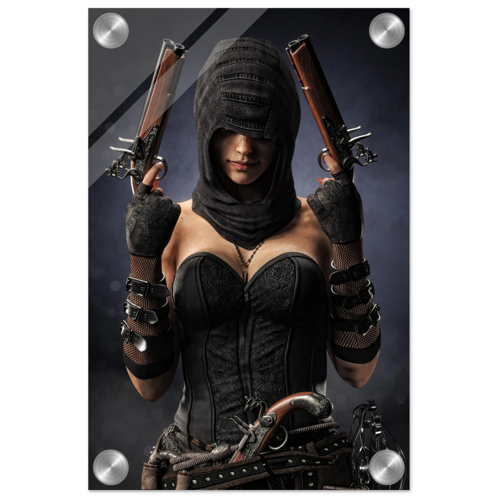 Handcrafted fantasy artwork featuring a hooded female pirate assassin holding twin flintlock pistols while wearing ornate black pirate attire and leather gear. Premium wall art for fantasy collectors, pirate enthusiasts, RPG players, gaming rooms, and nautical décor.