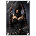 Handcrafted fantasy artwork featuring a hooded female pirate assassin holding twin flintlock pistols while wearing ornate black pirate attire and leather gear. Premium wall art for fantasy collectors, pirate enthusiasts, RPG players, gaming rooms, and nautical décor.