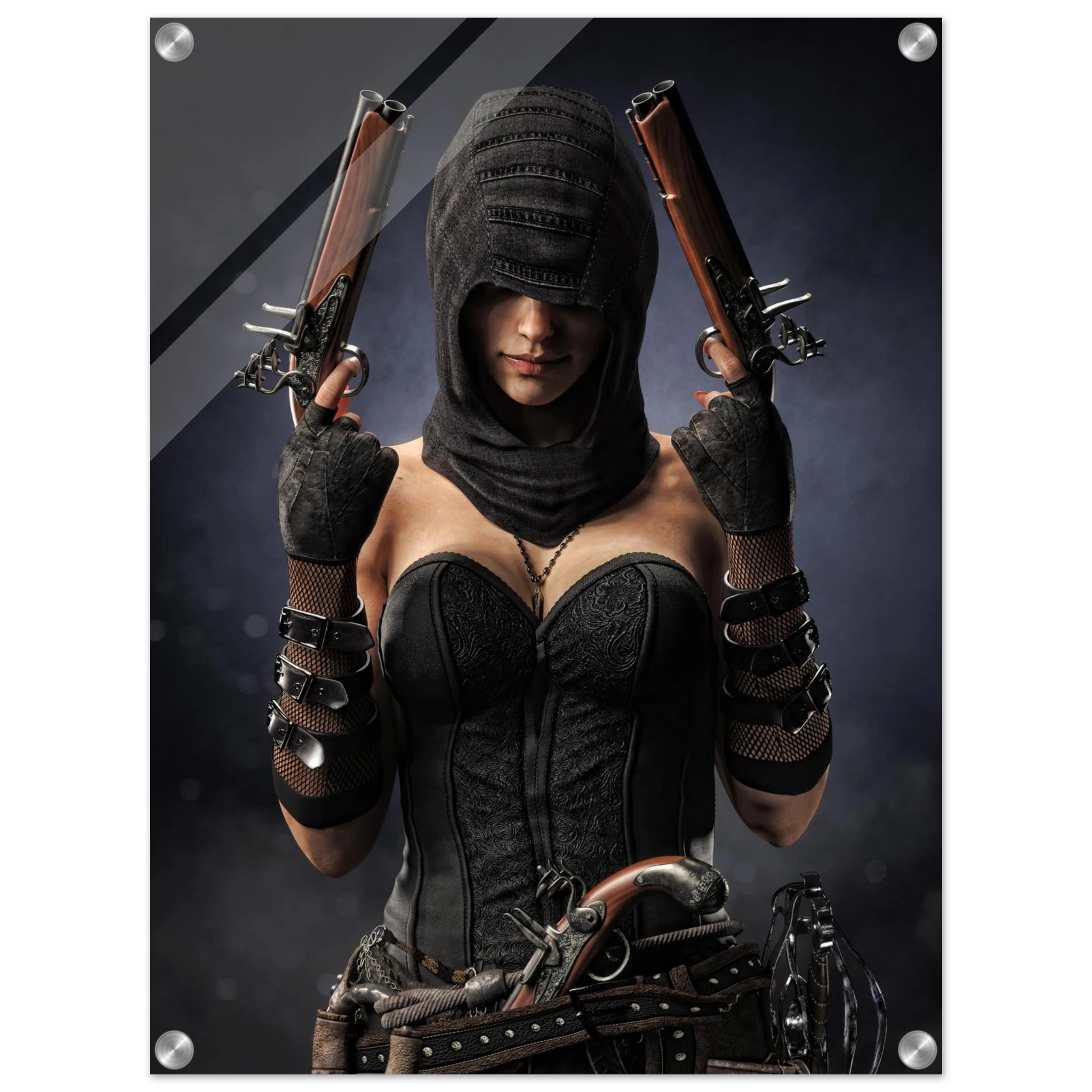 Handcrafted fantasy artwork featuring a hooded female pirate assassin holding twin flintlock pistols while wearing ornate black pirate attire and leather gear. Premium wall art for fantasy collectors, pirate enthusiasts, RPG players, gaming rooms, and nautical décor.