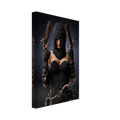 Handcrafted fantasy artwork featuring a hooded female pirate assassin holding twin flintlock pistols while wearing ornate black pirate attire and leather gear. Premium wall art for fantasy collectors, pirate enthusiasts, RPG players, gaming rooms, and nautical décor.
