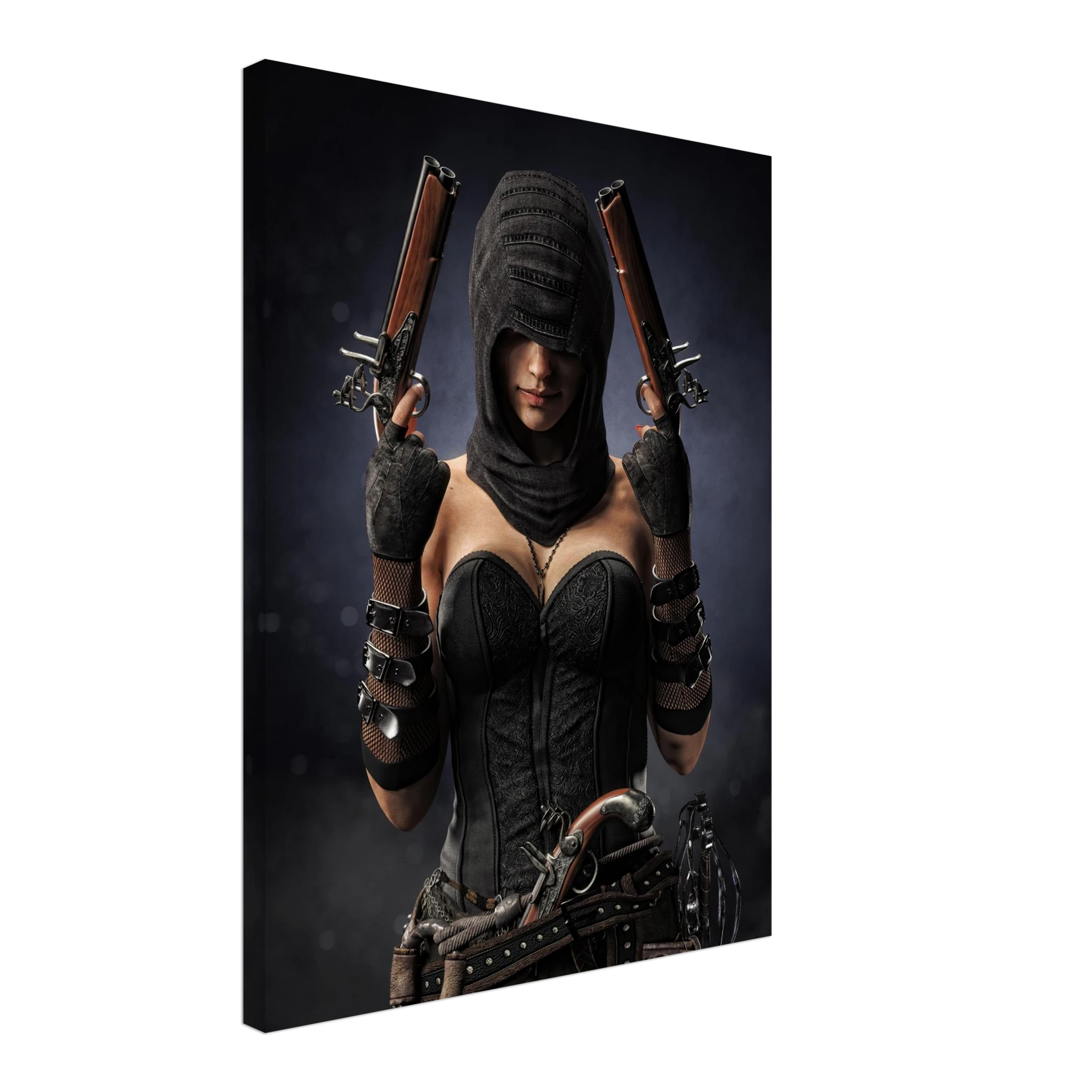 Handcrafted fantasy artwork featuring a hooded female pirate assassin holding twin flintlock pistols while wearing ornate black pirate attire and leather gear. Premium wall art for fantasy collectors, pirate enthusiasts, RPG players, gaming rooms, and nautical décor.