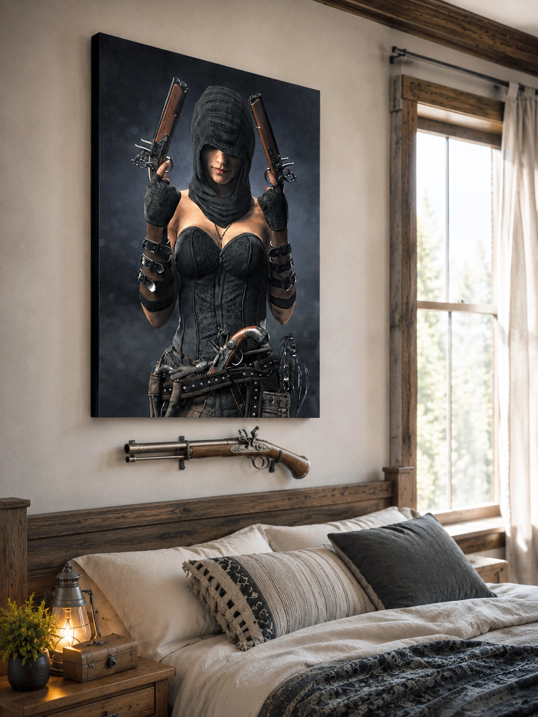 Handcrafted fantasy artwork featuring a hooded female pirate assassin holding twin flintlock pistols while wearing ornate black pirate attire and leather gear. Premium wall art for fantasy collectors, pirate enthusiasts, RPG players, gaming rooms, and nautical décor.