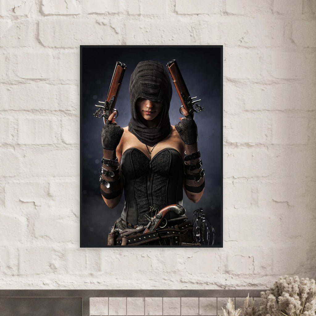A framed vertical art print depicting a woman in a black hooded corset holding two pistols, displayed on a white brick wall above a mantel.