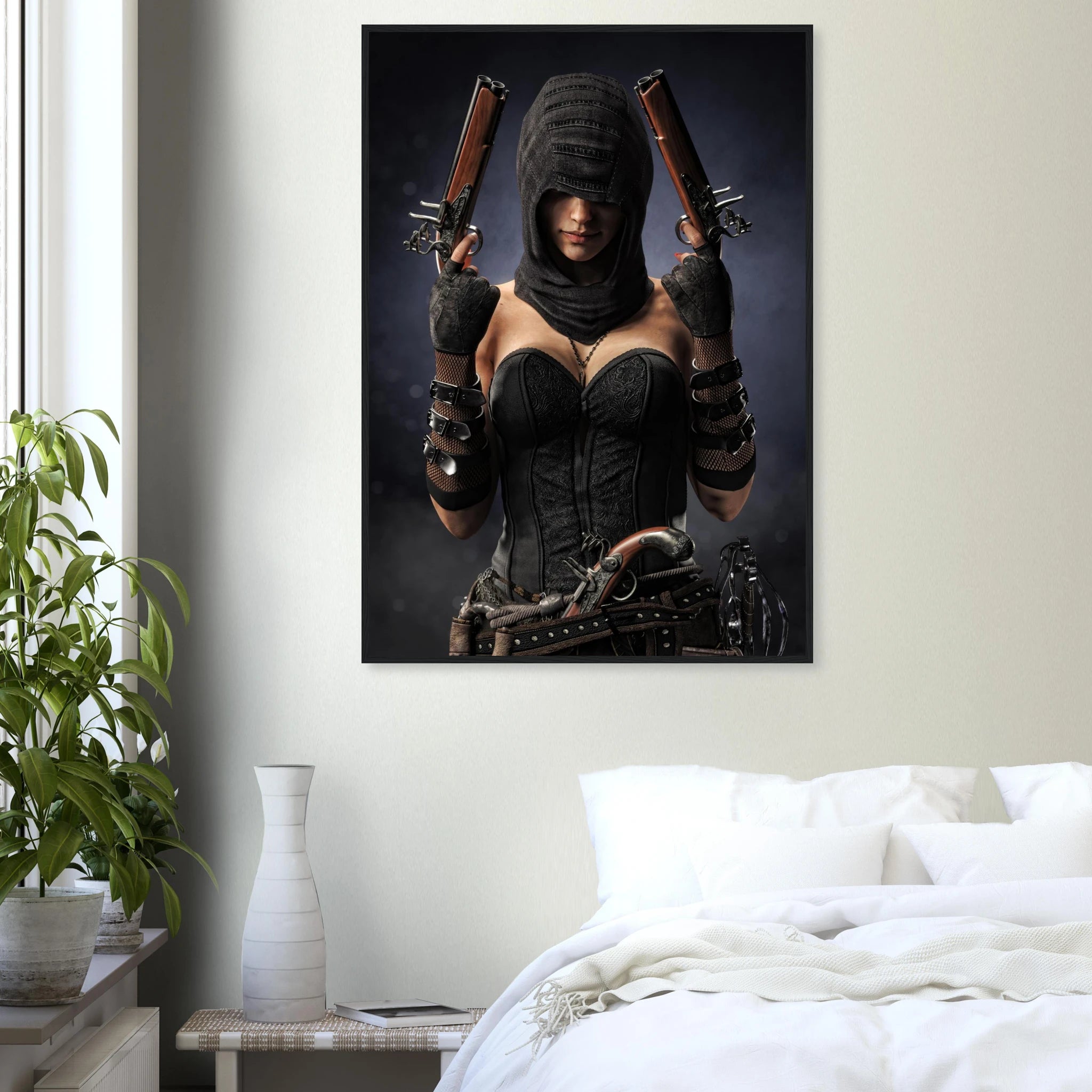 A framed wall art print depicting a dark-furred female Pirate character holding two pistols, displayed above a bed in a modern bedroom setting with a plant and vase.