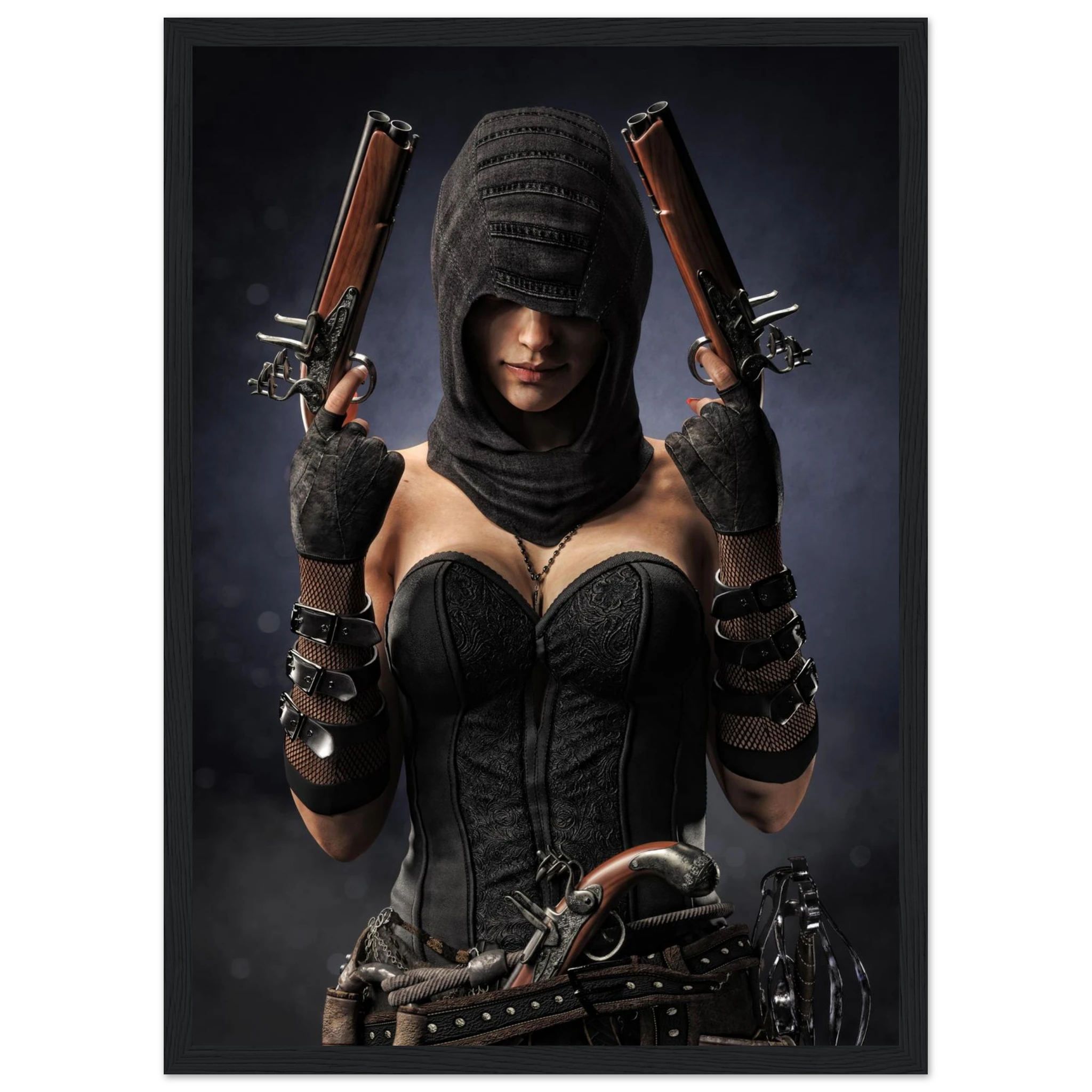 A framed art print featuring a stylized portrait of a pirate woman in a black hooded bodysuit holding two pistols, set against a dark smoky background.