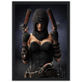 A framed art print featuring a Pirate-style female character in a black corset, black head covering, and black arm bands, holding two flintlock-style pistols against a dark blue-gray background.