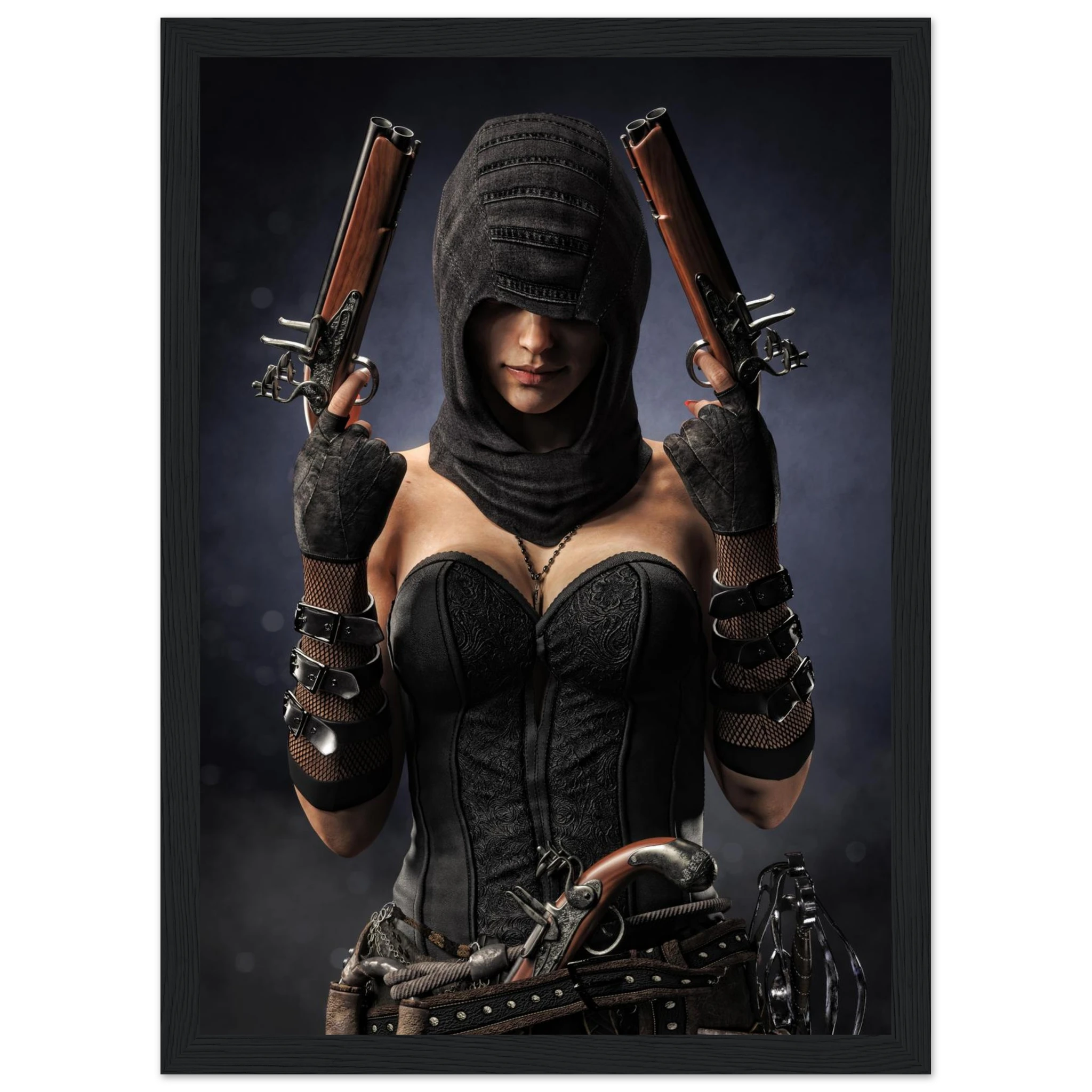 A framed art print featuring a Pirate-style female character in a black corset, black head covering, and black arm bands, holding two flintlock-style pistols against a dark blue-gray background.