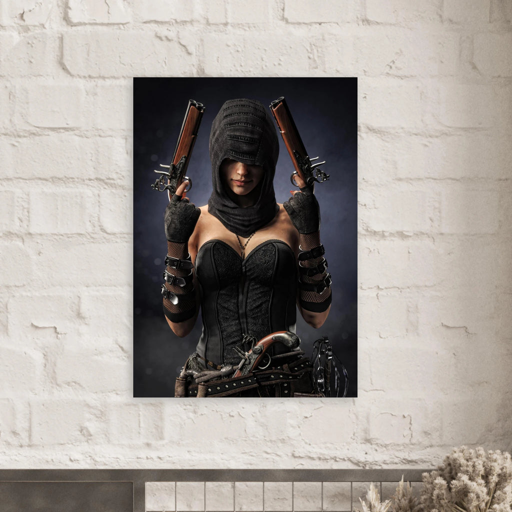 Handcrafted fantasy artwork featuring a hooded female pirate assassin holding twin flintlock pistols while wearing ornate black pirate attire and leather gear. Premium wall art for fantasy collectors, pirate enthusiasts, RPG players, gaming rooms, and nautical décor.