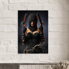 Handcrafted fantasy artwork featuring a hooded female pirate assassin holding twin flintlock pistols while wearing ornate black pirate attire and leather gear. Premium wall art for fantasy collectors, pirate enthusiasts, RPG players, gaming rooms, and nautical décor.