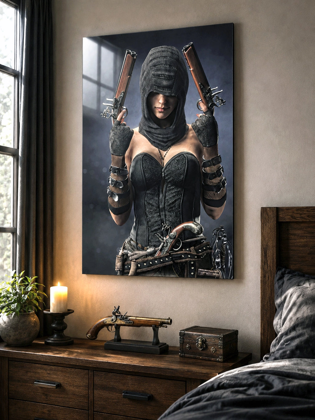 Handcrafted fantasy artwork featuring a hooded female pirate assassin holding twin flintlock pistols while wearing ornate black pirate attire and leather gear. Premium wall art for fantasy collectors, pirate enthusiasts, RPG players, gaming rooms, and nautical décor.