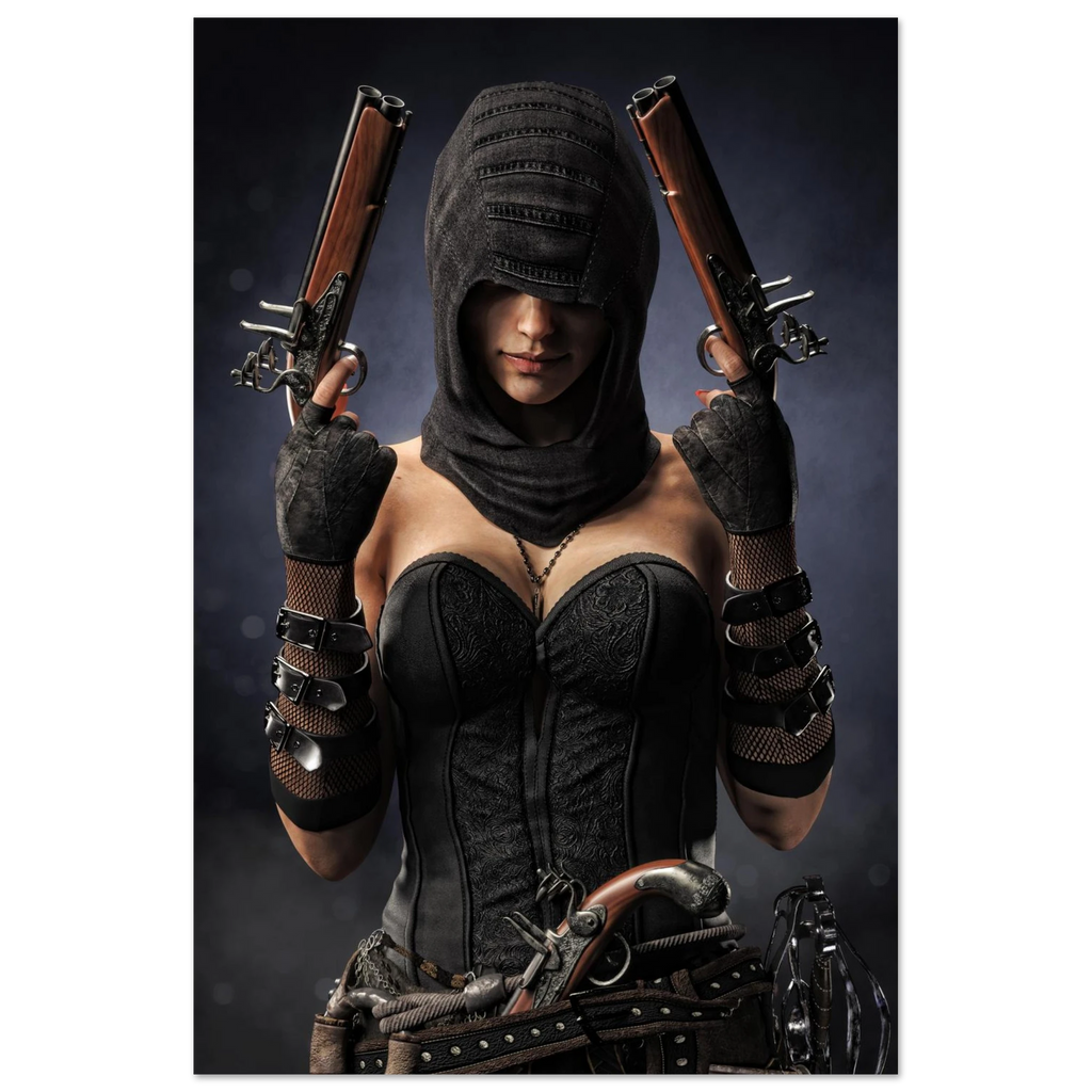 Handcrafted fantasy artwork featuring a hooded female pirate assassin holding twin flintlock pistols while wearing ornate black pirate attire and leather gear. Premium wall art for fantasy collectors, pirate enthusiasts, RPG players, gaming rooms, and nautical décor.