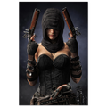 Handcrafted fantasy artwork featuring a hooded female pirate assassin holding twin flintlock pistols while wearing ornate black pirate attire and leather gear. Premium wall art for fantasy collectors, pirate enthusiasts, RPG players, gaming rooms, and nautical décor.