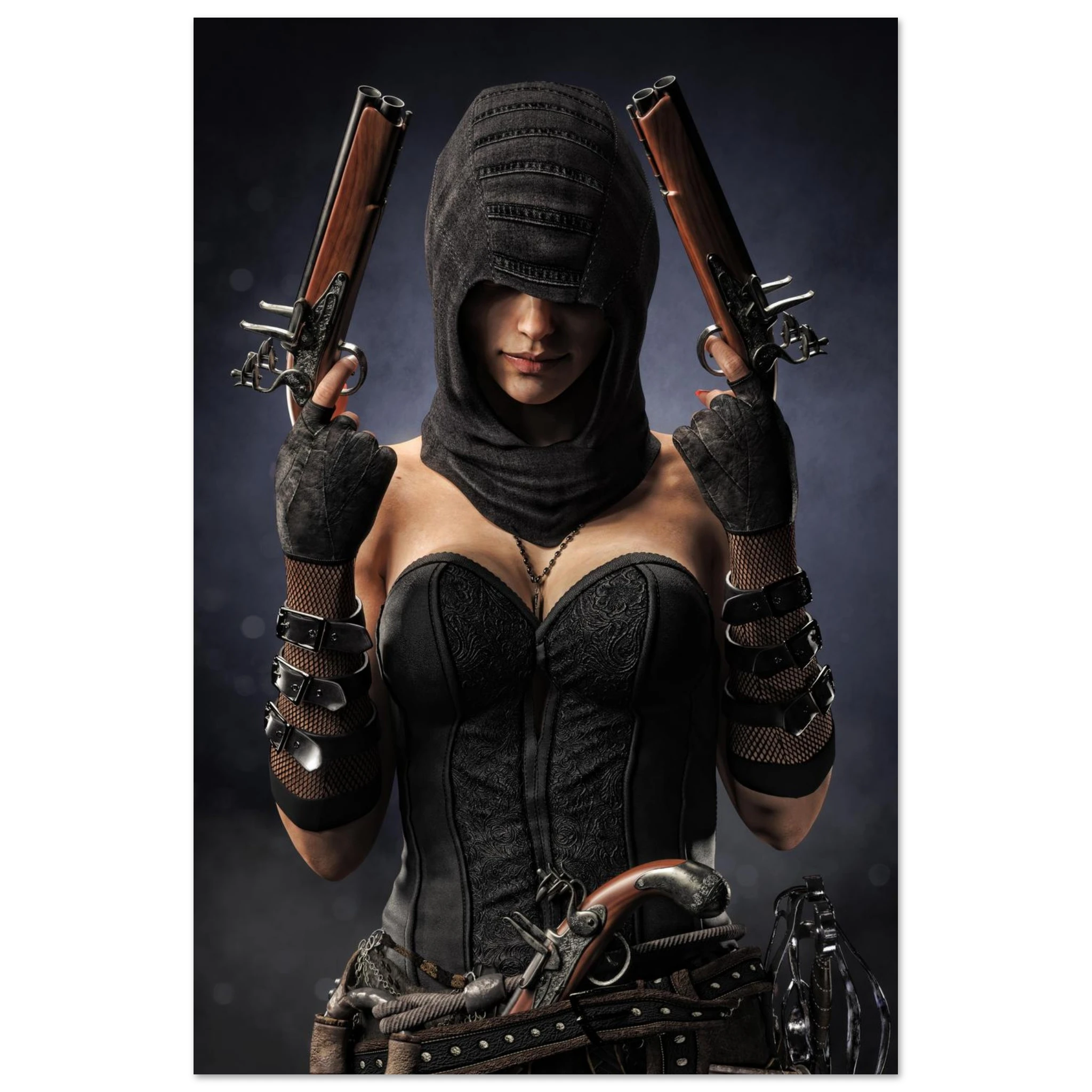 Handcrafted fantasy artwork featuring a hooded female pirate assassin holding twin flintlock pistols while wearing ornate black pirate attire and leather gear. Premium wall art for fantasy collectors, pirate enthusiasts, RPG players, gaming rooms, and nautical décor.