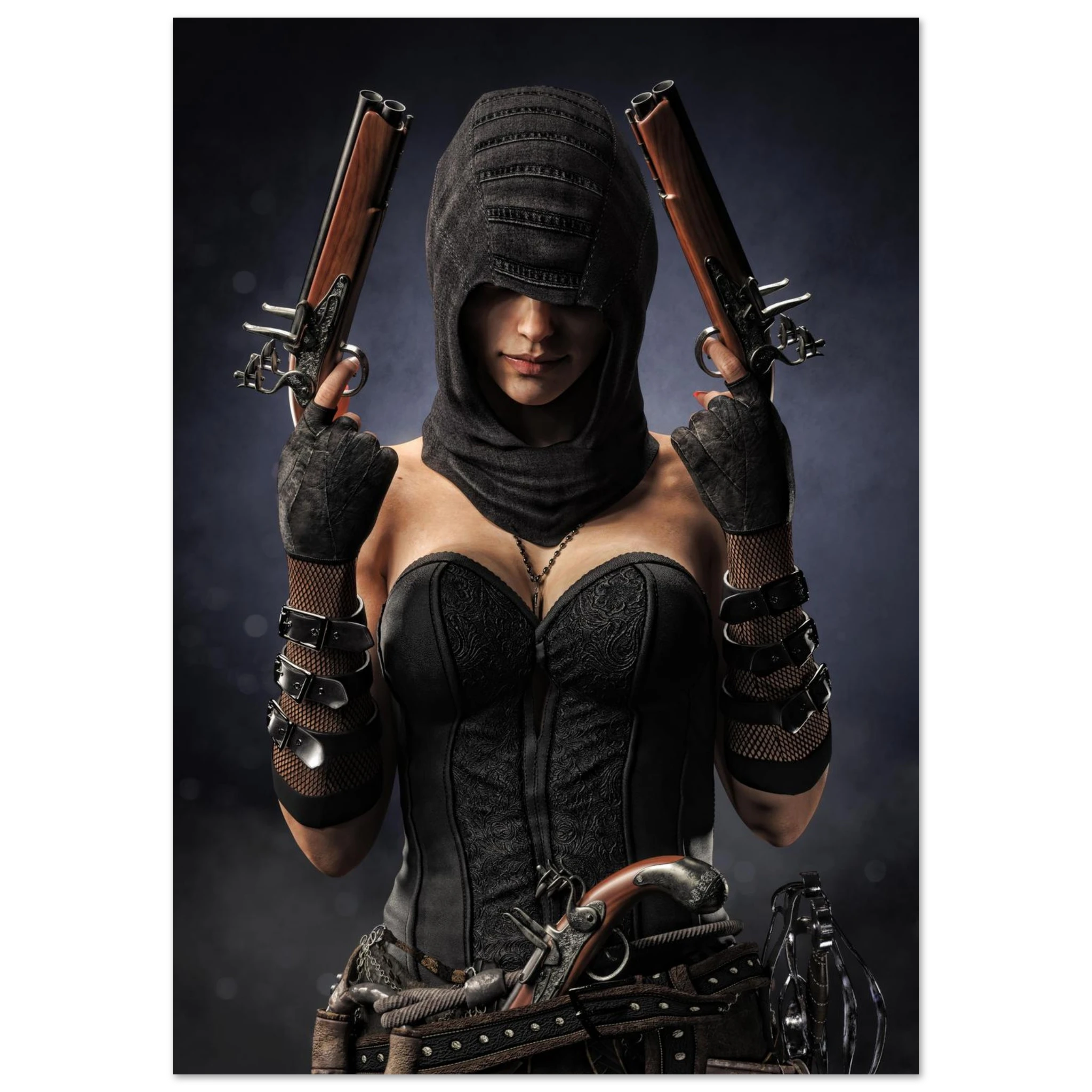 Handcrafted fantasy artwork featuring a hooded female pirate assassin holding twin flintlock pistols while wearing ornate black pirate attire and leather gear. Premium wall art for fantasy collectors, pirate enthusiasts, RPG players, gaming rooms, and nautical décor.