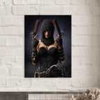 Handcrafted fantasy artwork featuring a hooded female pirate assassin holding twin flintlock pistols while wearing ornate black pirate attire and leather gear. Premium wall art for fantasy collectors, pirate enthusiasts, RPG players, gaming rooms, and nautical décor.