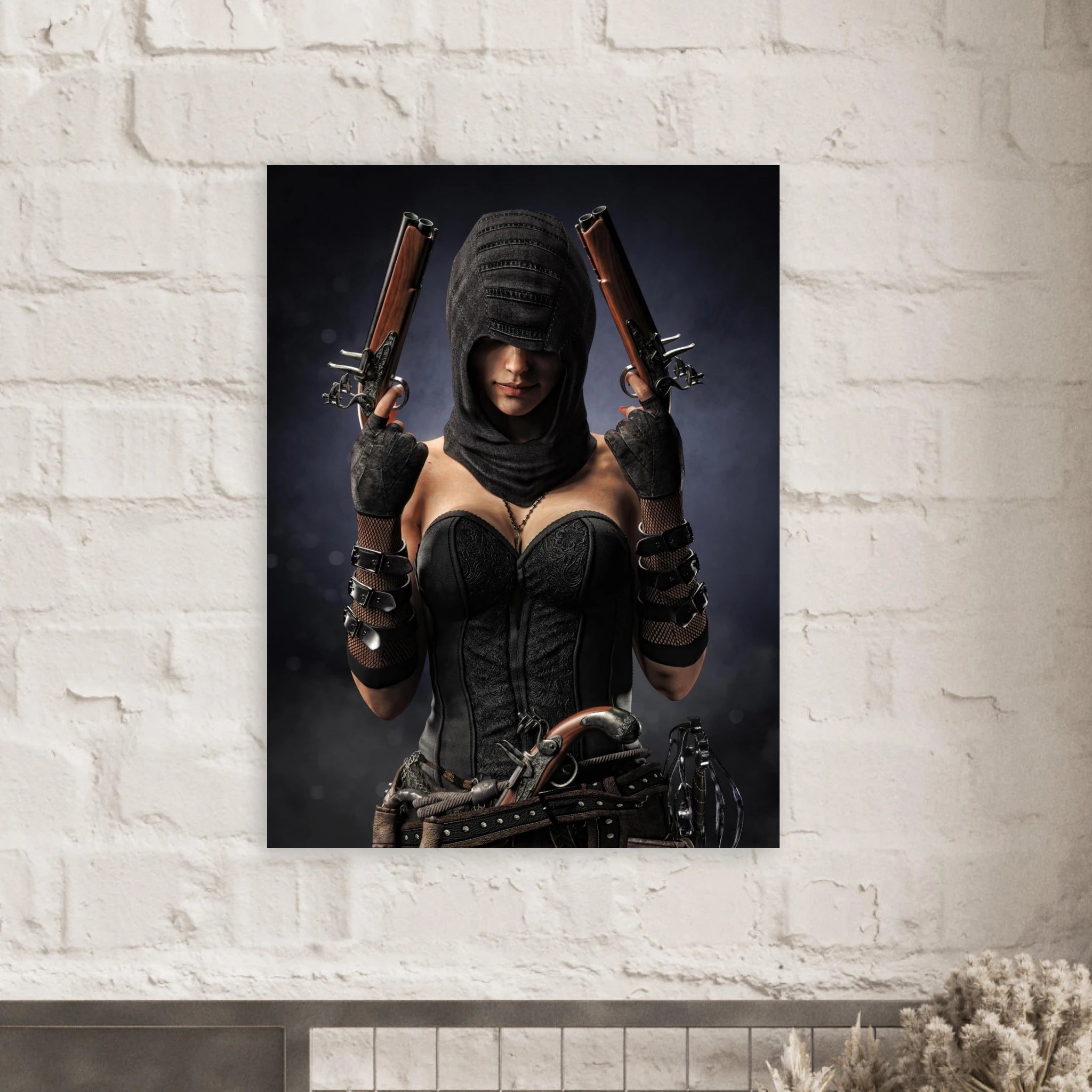 Handcrafted fantasy artwork featuring a hooded female pirate assassin holding twin flintlock pistols while wearing ornate black pirate attire and leather gear. Premium wall art for fantasy collectors, pirate enthusiasts, RPG players, gaming rooms, and nautical décor.