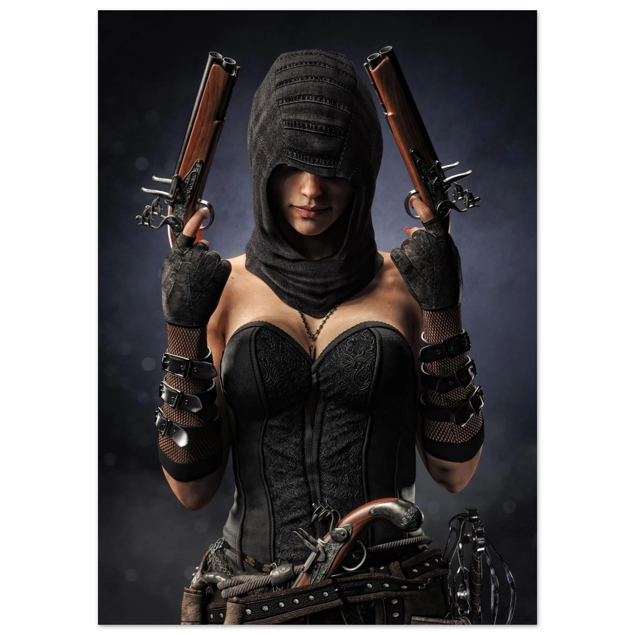 Handcrafted fantasy artwork featuring a hooded female pirate assassin holding twin flintlock pistols while wearing ornate black pirate attire and leather gear. Premium wall art for fantasy collectors, pirate enthusiasts, RPG players, gaming rooms, and nautical décor.