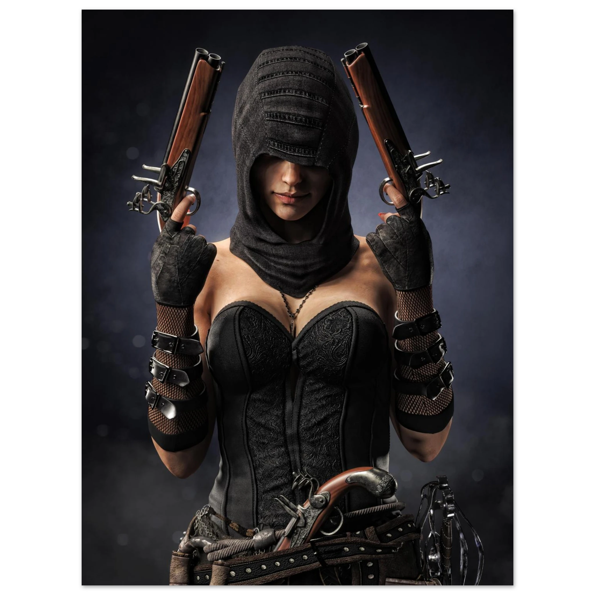 Handcrafted fantasy artwork featuring a hooded female pirate assassin holding twin flintlock pistols while wearing ornate black pirate attire and leather gear. Premium wall art for fantasy collectors, pirate enthusiasts, RPG players, gaming rooms, and nautical décor.