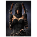 Handcrafted fantasy artwork featuring a hooded female pirate assassin holding twin flintlock pistols while wearing ornate black pirate attire and leather gear. Premium wall art for fantasy collectors, pirate enthusiasts, RPG players, gaming rooms, and nautical décor.