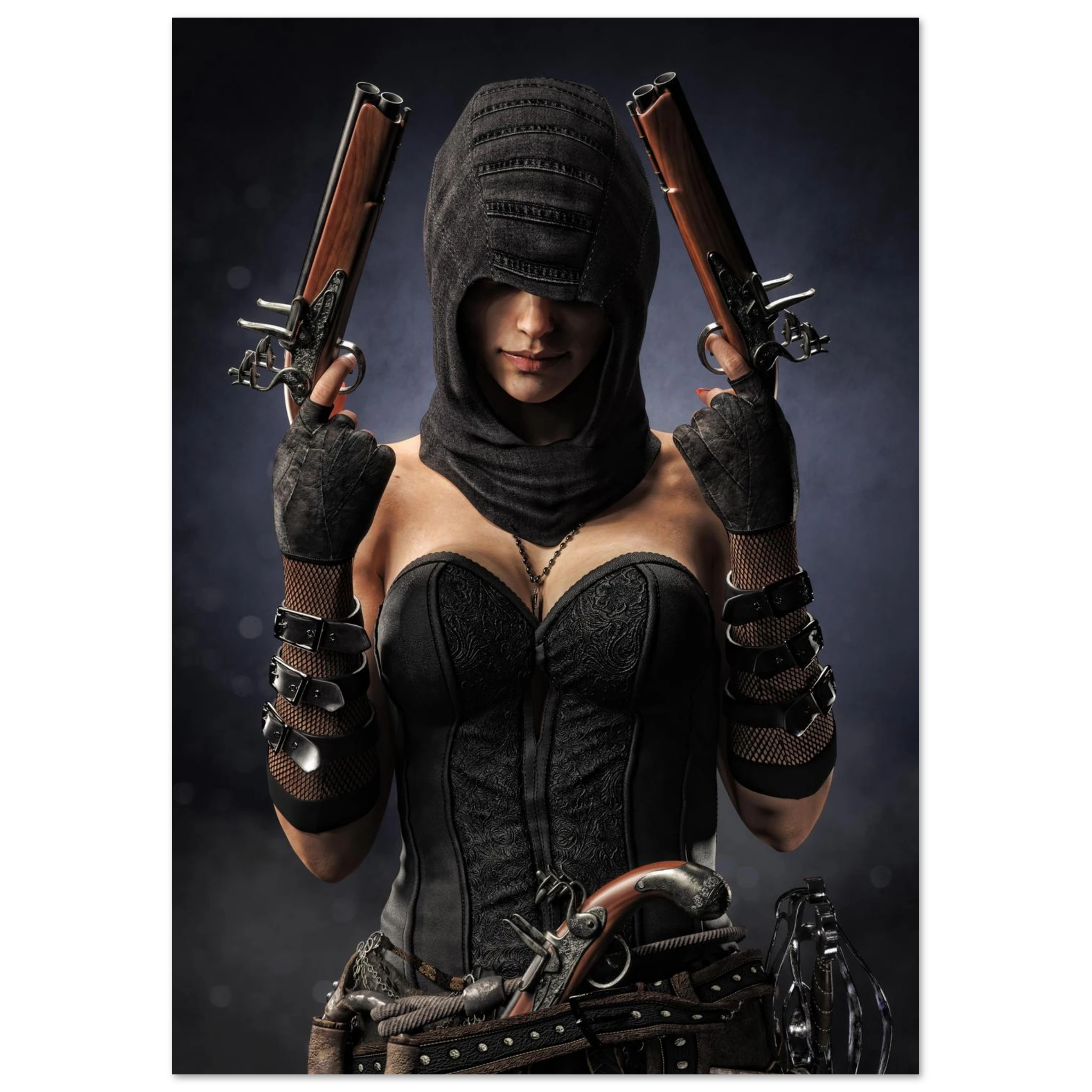 Handcrafted fantasy artwork featuring a hooded female pirate assassin holding twin flintlock pistols while wearing ornate black pirate attire and leather gear. Premium wall art for fantasy collectors, pirate enthusiasts, RPG players, gaming rooms, and nautical décor.