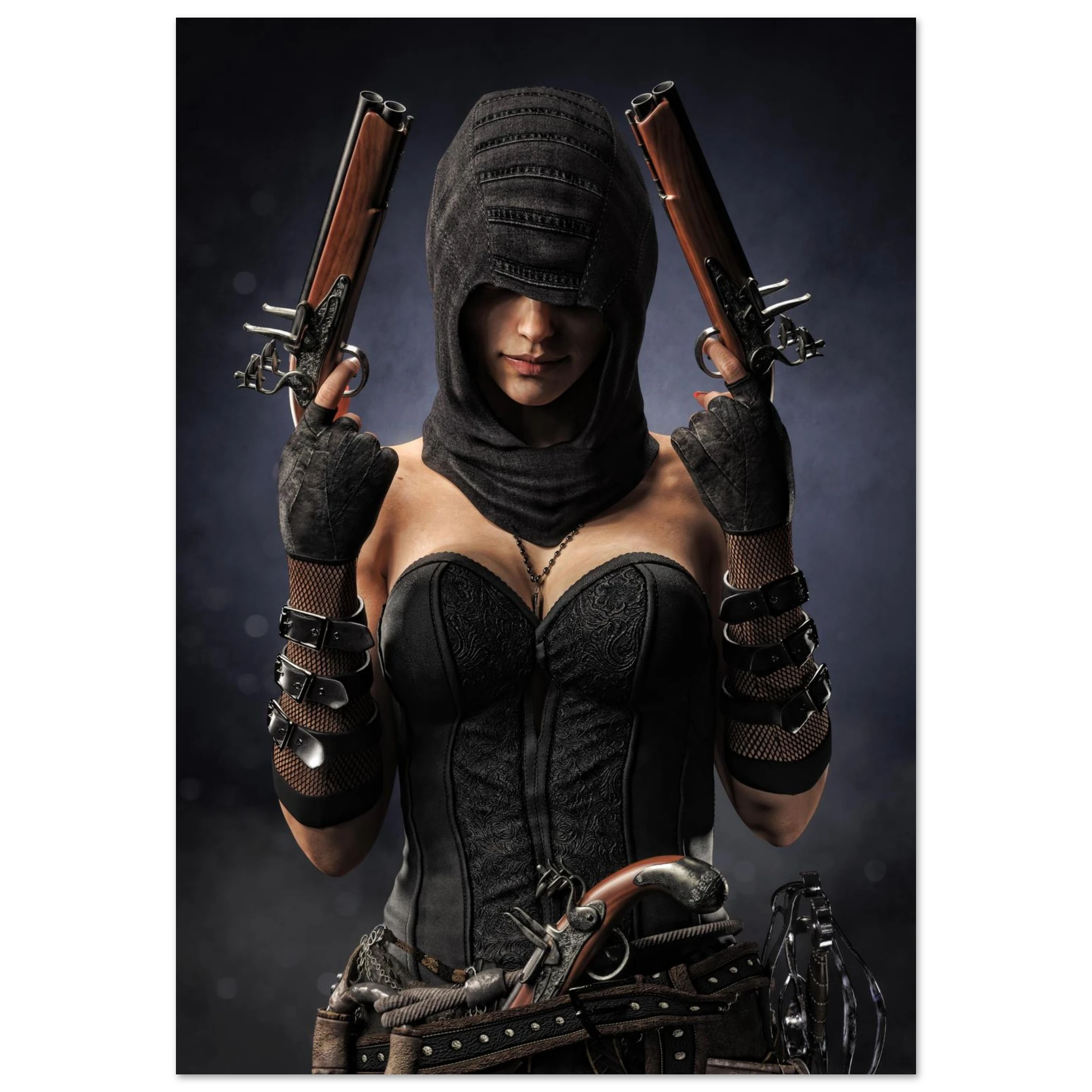 Handcrafted fantasy artwork featuring a hooded female pirate assassin holding twin flintlock pistols while wearing ornate black pirate attire and leather gear. Premium wall art for fantasy collectors, pirate enthusiasts, RPG players, gaming rooms, and nautical décor.