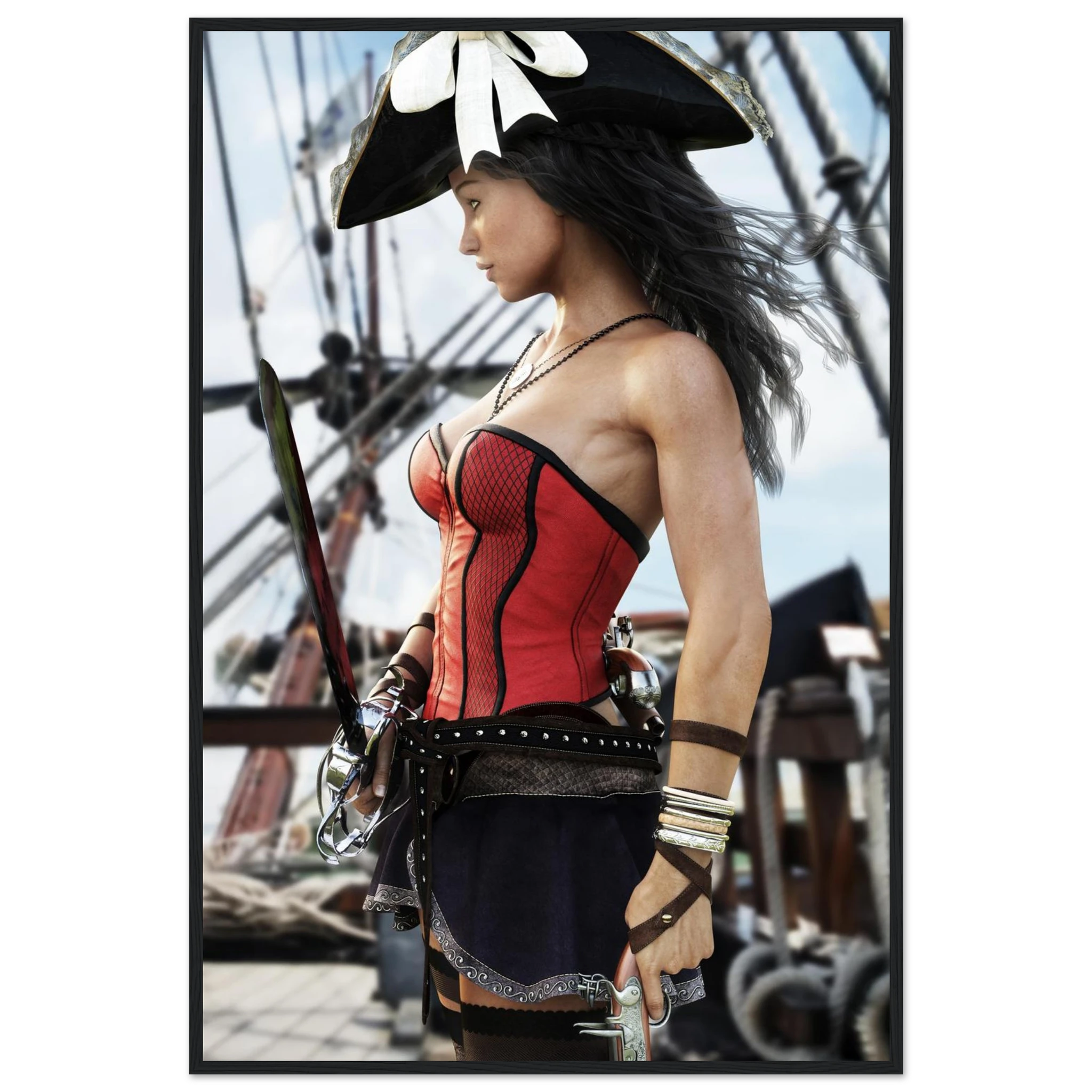 Handcrafted Female Pirate Captain wall art featuring a fearless pirate aboard a historic sailing ship holding a polished cutlass with twin flintlock pistols. Premium fantasy artwork for pirate collectors, gaming rooms, nautical décor, and fantasy enthusiasts.