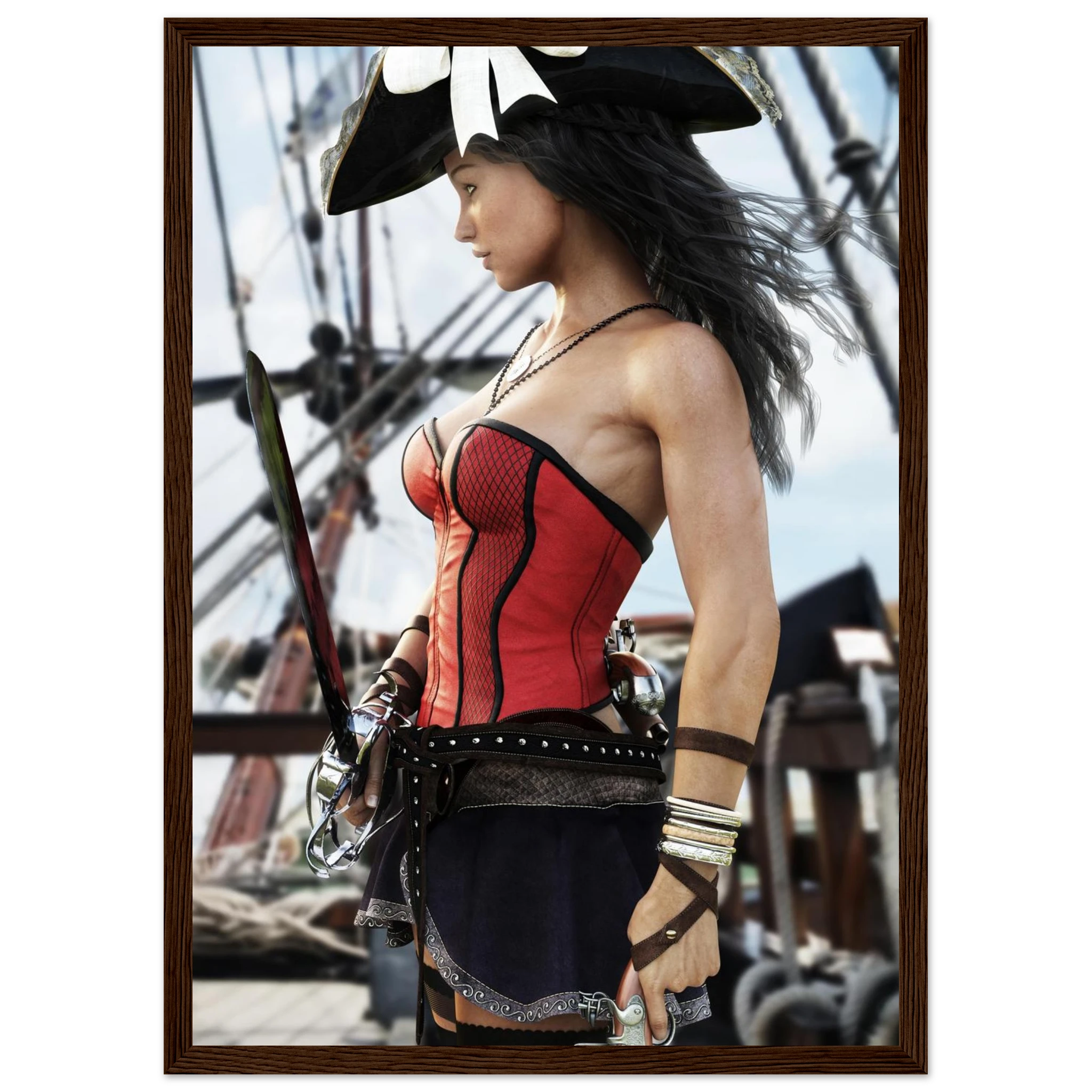 Handcrafted Female Pirate Captain wall art featuring a fearless pirate aboard a historic sailing ship holding a polished cutlass with twin flintlock pistols. Premium fantasy artwork for pirate collectors, gaming rooms, nautical décor, and fantasy enthusiasts.