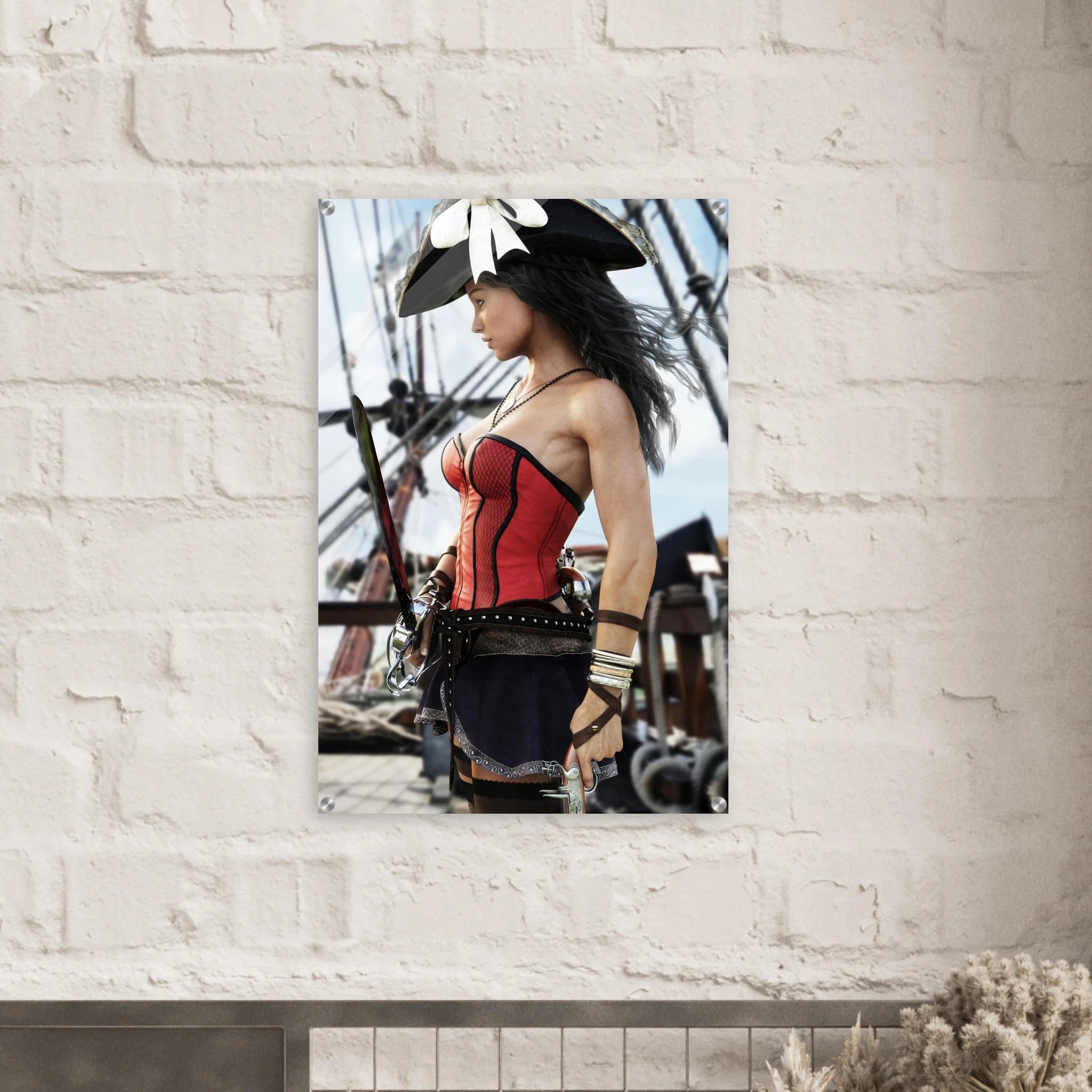 A vertical wall art print depicting a woman in pirate attire with a red corset, dark skirt, and black hat, mounted on a white brick wall above a mantel.