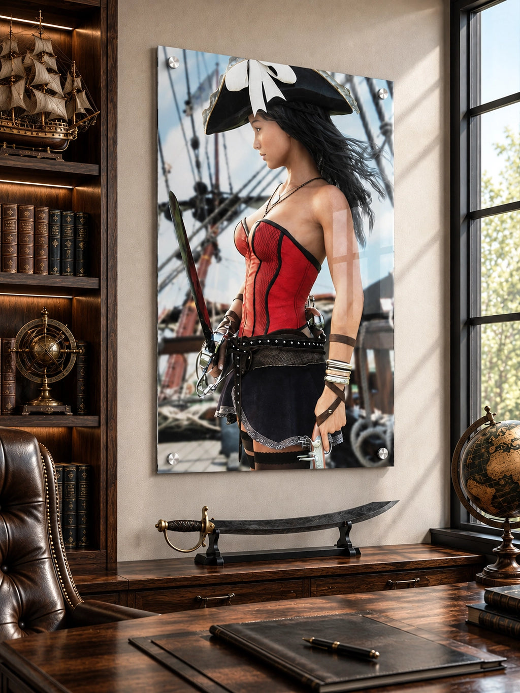 Handcrafted Female Pirate Captain wall art featuring a fearless pirate aboard a historic sailing ship holding a polished cutlass with twin flintlock pistols. Premium fantasy artwork for pirate collectors, gaming rooms, nautical décor, and fantasy enthusiasts.