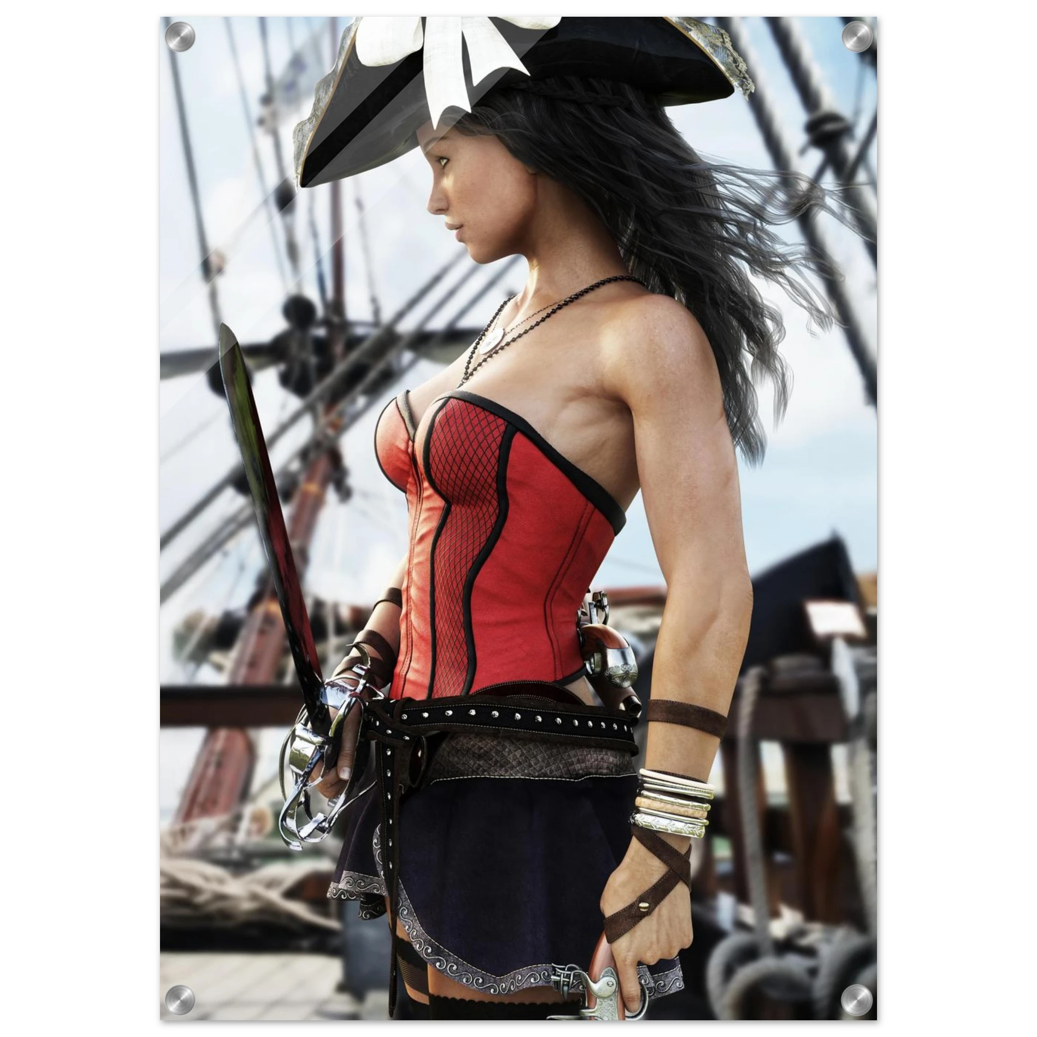 A woman dressed as a pirate stands on a ship deck wearing a red and black corset-style top, dark skirt, wrist cuffs, and a black hat with a white bow. The background shows ship rigging and sails.