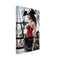 Handcrafted Female Pirate Captain wall art featuring a fearless pirate aboard a historic sailing ship holding a polished cutlass with twin flintlock pistols. Premium fantasy artwork for pirate collectors, gaming rooms, nautical décor, and fantasy enthusiasts.