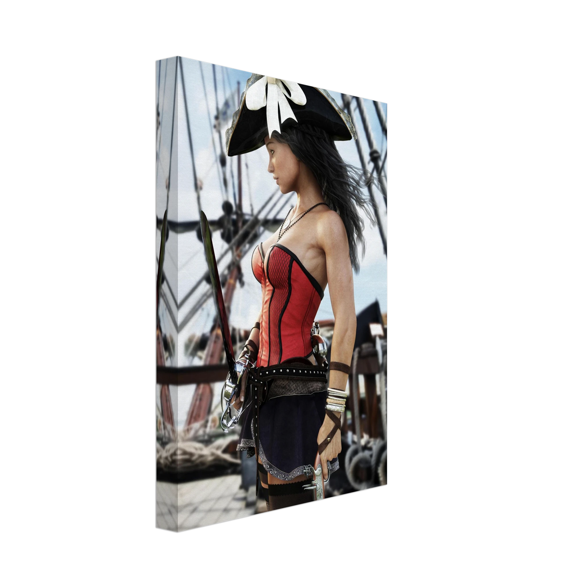 Handcrafted Female Pirate Captain wall art featuring a fearless pirate aboard a historic sailing ship holding a polished cutlass with twin flintlock pistols. Premium fantasy artwork for pirate collectors, gaming rooms, nautical décor, and fantasy enthusiasts.