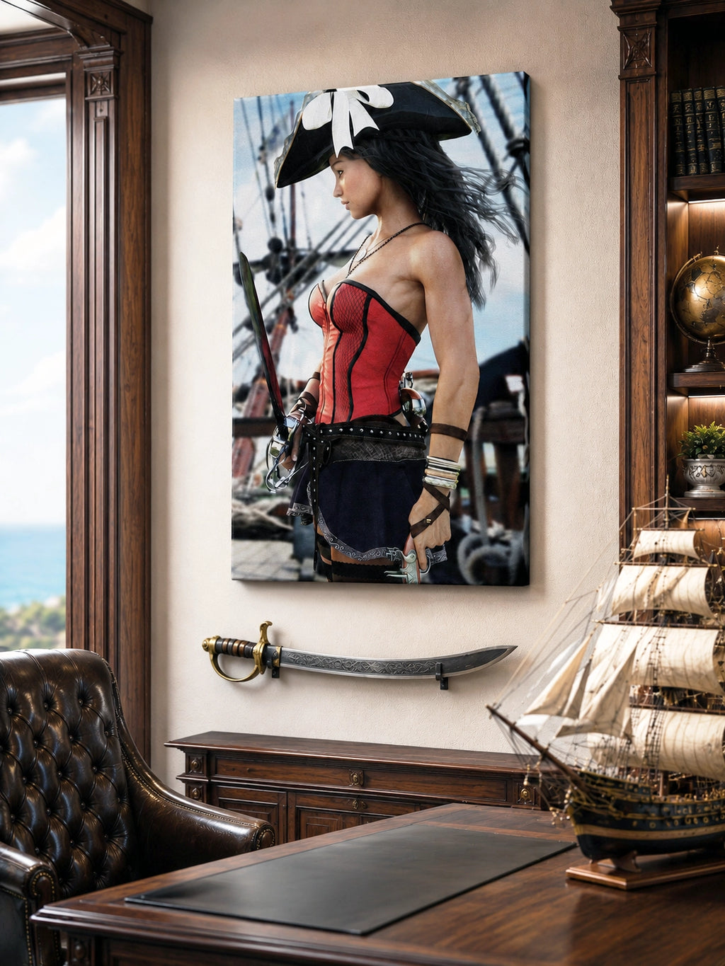 Handcrafted Female Pirate Captain wall art featuring a fearless pirate aboard a historic sailing ship holding a polished cutlass with twin flintlock pistols. Premium fantasy artwork for pirate collectors, gaming rooms, nautical décor, and fantasy enthusiasts.