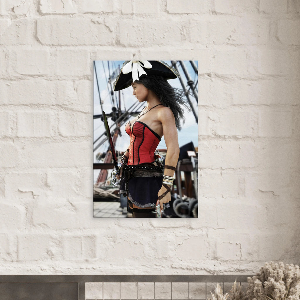 Handcrafted Female Pirate Captain wall art featuring a fearless pirate aboard a historic sailing ship holding a polished cutlass with twin flintlock pistols. Premium fantasy artwork for pirate collectors, gaming rooms, nautical décor, and fantasy enthusiasts.