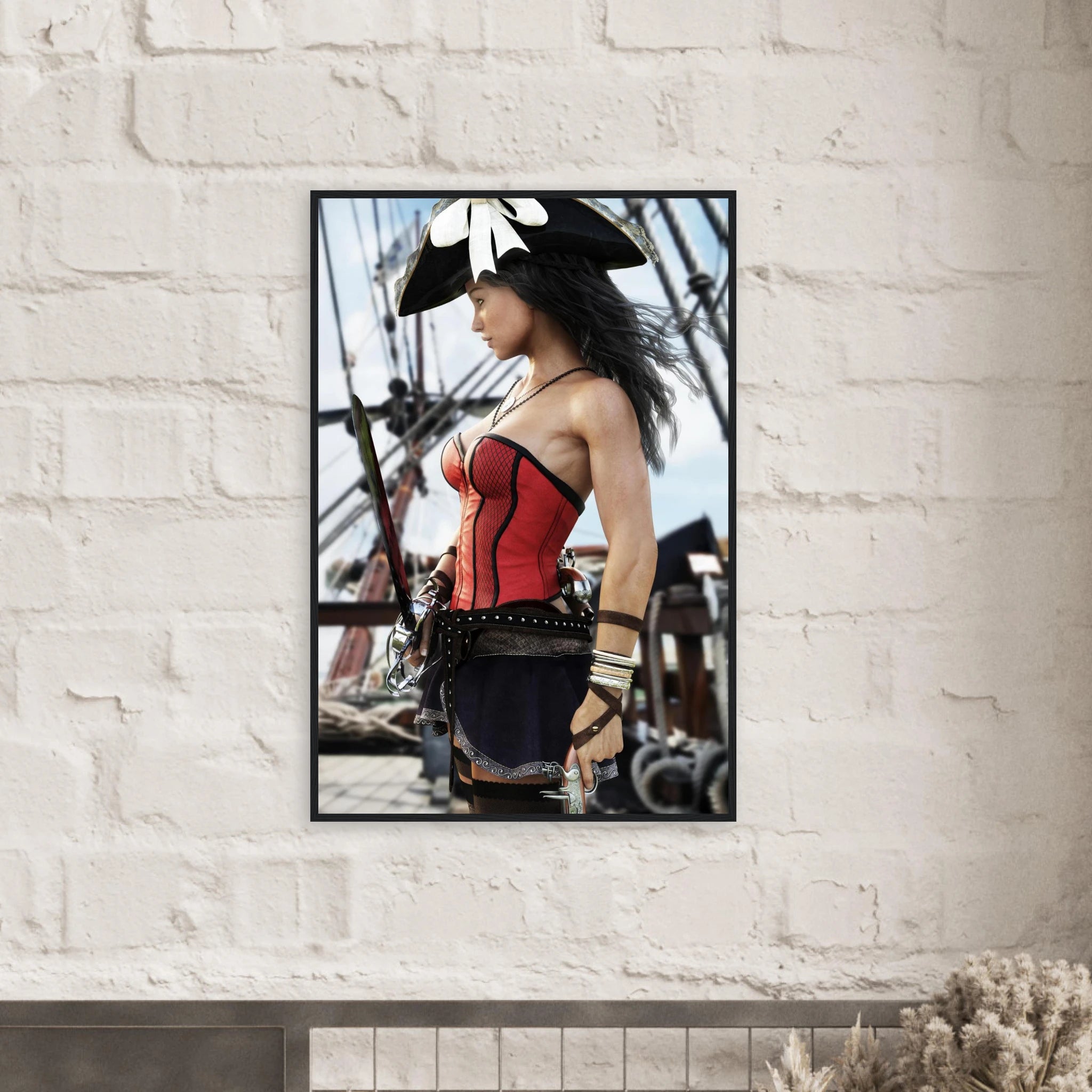 Handcrafted Female Pirate Captain wall art featuring a fearless pirate aboard a historic sailing ship holding a polished cutlass with twin flintlock pistols. Premium fantasy artwork for pirate collectors, gaming rooms, nautical décor, and fantasy enthusiasts.