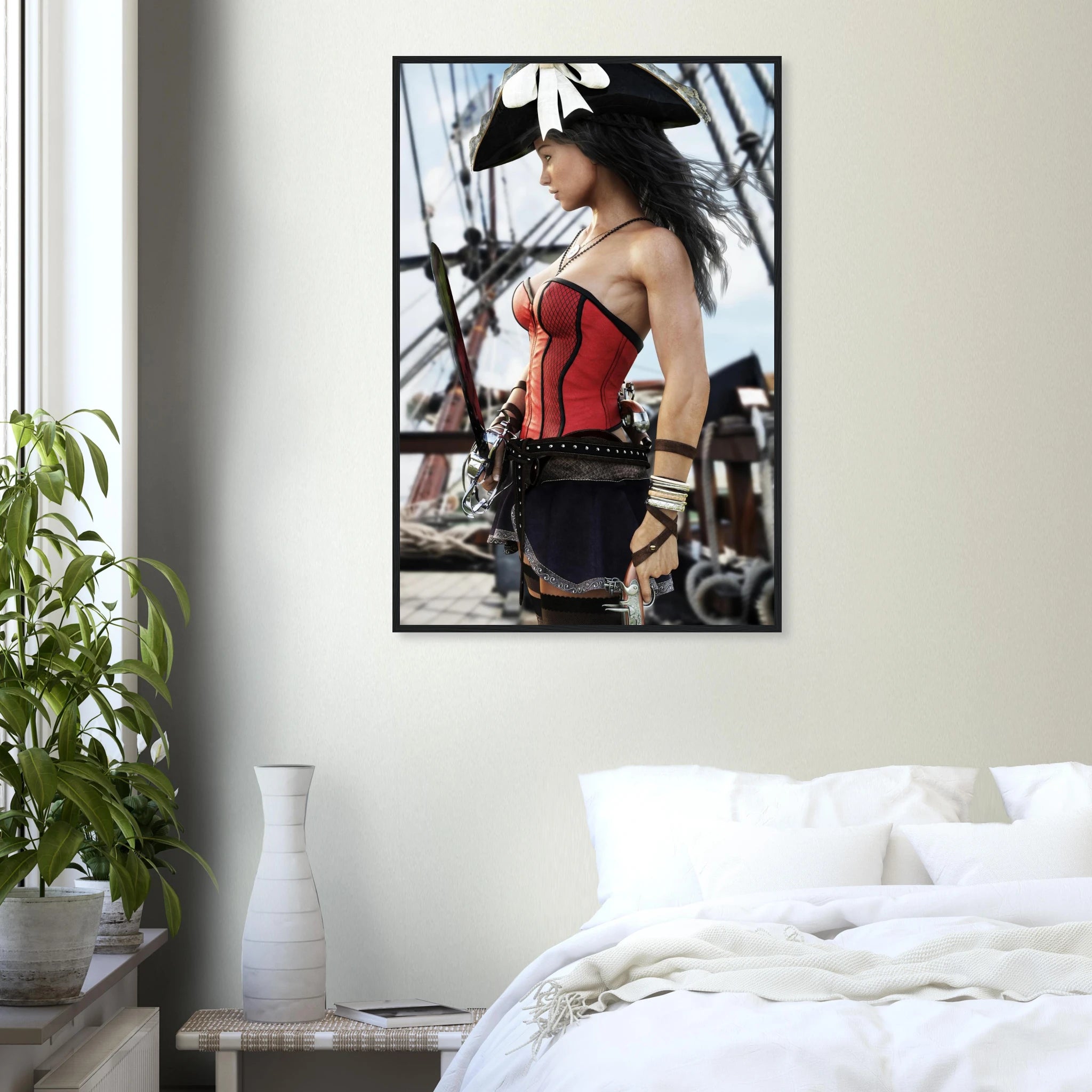 Handcrafted Female Pirate Captain wall art featuring a fearless pirate aboard a historic sailing ship holding a polished cutlass with twin flintlock pistols. Premium fantasy artwork for pirate collectors, gaming rooms, nautical décor, and fantasy enthusiasts.