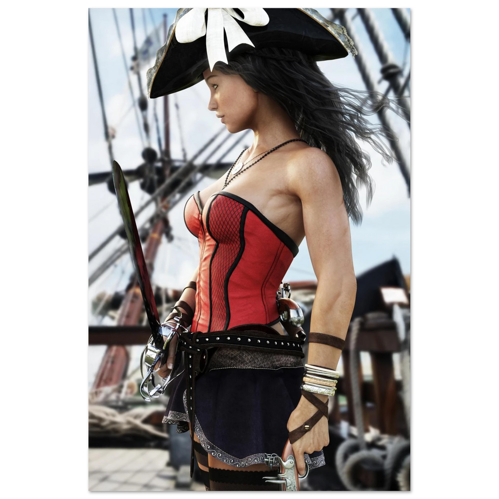 Handcrafted Female Pirate Captain wall art featuring a fearless pirate aboard a historic sailing ship holding a polished cutlass with twin flintlock pistols. Premium fantasy artwork for pirate collectors, gaming rooms, nautical décor, and fantasy enthusiasts.