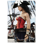 Handcrafted Female Pirate Captain wall art featuring a fearless pirate aboard a historic sailing ship holding a polished cutlass with twin flintlock pistols. Premium fantasy artwork for pirate collectors, gaming rooms, nautical décor, and fantasy enthusiasts.