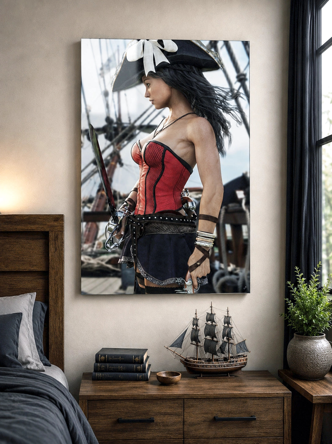 Handcrafted Female Pirate Captain wall art featuring a fearless pirate aboard a historic sailing ship holding a polished cutlass with twin flintlock pistols. Premium fantasy artwork for pirate collectors, gaming rooms, nautical décor, and fantasy enthusiasts.