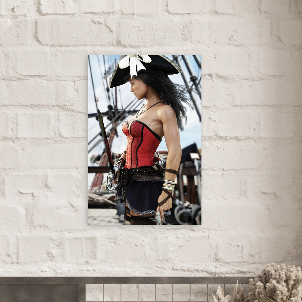 Handcrafted Female Pirate Captain wall art featuring a fearless pirate aboard a historic sailing ship holding a polished cutlass with twin flintlock pistols. Premium fantasy artwork for pirate collectors, gaming rooms, nautical décor, and fantasy enthusiasts.