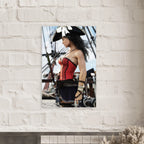 Handcrafted Female Pirate Captain wall art featuring a fearless pirate aboard a historic sailing ship holding a polished cutlass with twin flintlock pistols. Premium fantasy artwork for pirate collectors, gaming rooms, nautical décor, and fantasy enthusiasts.