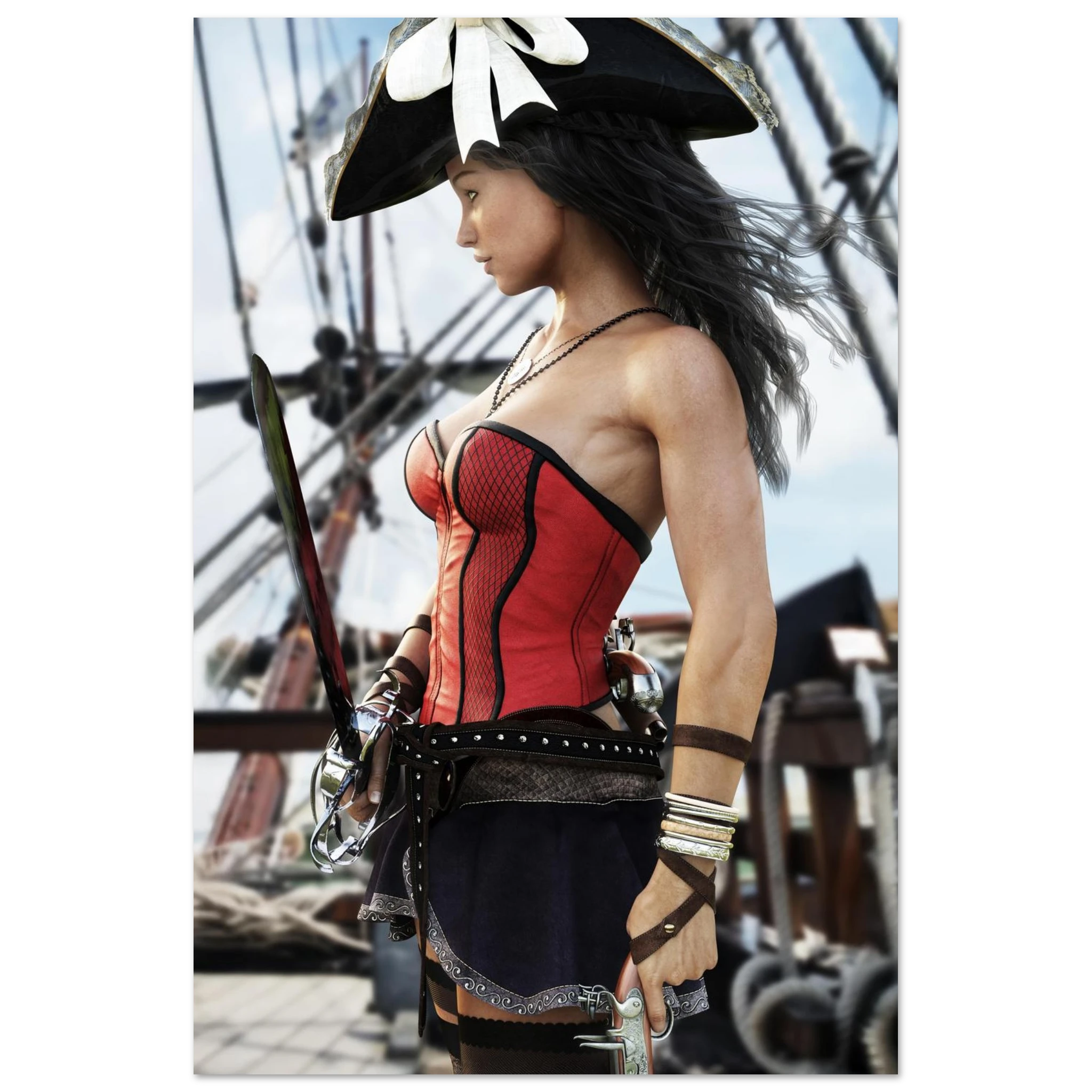 Handcrafted Female Pirate Captain wall art featuring a fearless pirate aboard a historic sailing ship holding a polished cutlass with twin flintlock pistols. Premium fantasy artwork for pirate collectors, gaming rooms, nautical décor, and fantasy enthusiasts.