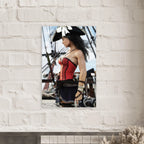 Handcrafted Female Pirate Captain wall art featuring a fearless pirate aboard a historic sailing ship holding a polished cutlass with twin flintlock pistols. Premium fantasy artwork for pirate collectors, gaming rooms, nautical décor, and fantasy enthusiasts.