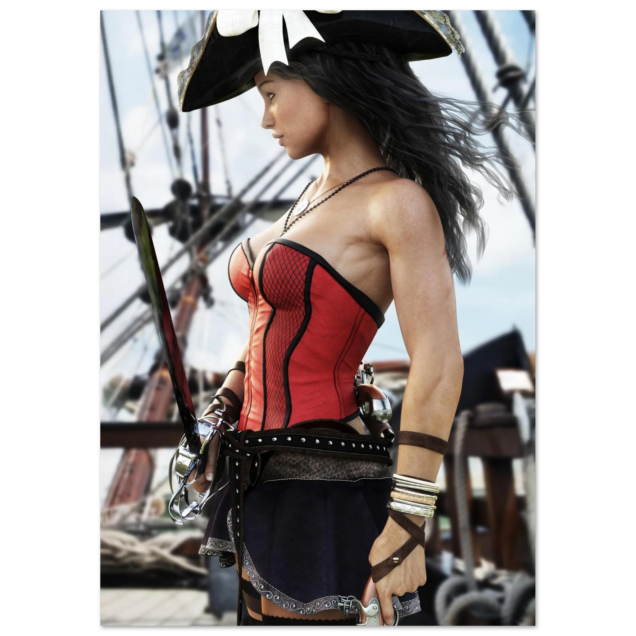 Handcrafted Female Pirate Captain wall art featuring a fearless pirate aboard a historic sailing ship holding a polished cutlass with twin flintlock pistols. Premium fantasy artwork for pirate collectors, gaming rooms, nautical décor, and fantasy enthusiasts.