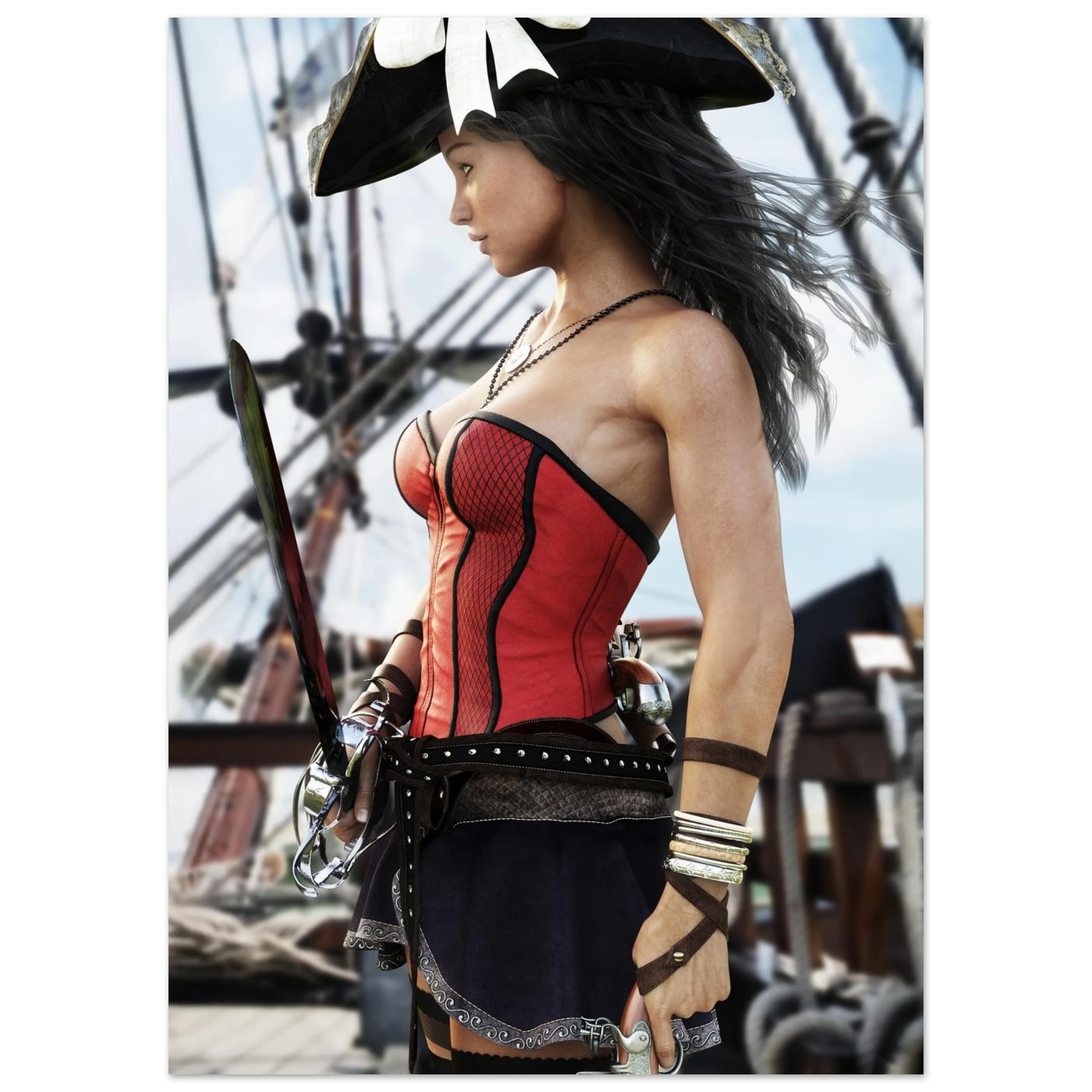 Handcrafted Female Pirate Captain wall art featuring a fearless pirate aboard a historic sailing ship holding a polished cutlass with twin flintlock pistols. Premium fantasy artwork for pirate collectors, gaming rooms, nautical décor, and fantasy enthusiasts.